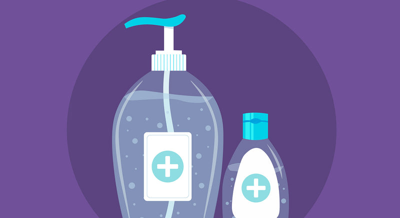 Cartoon image of hand sanitizer bottles & hand sanitizer benefits 